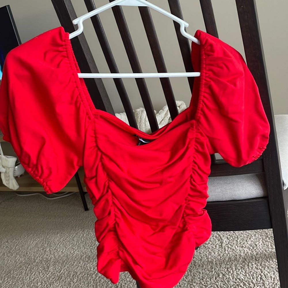 Red Ruched Puff Sleeve Top